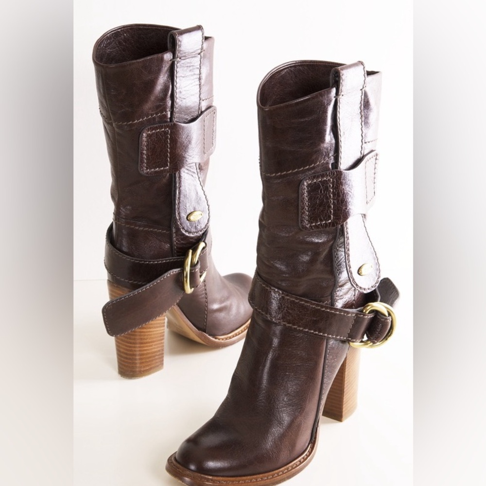 Chloe Brown Mid-Calf Heeled Boots 37